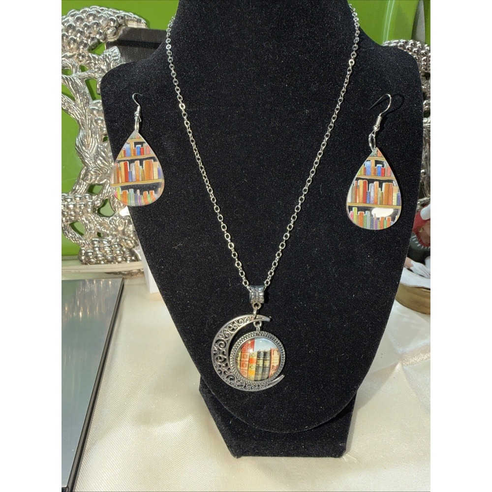 Crescent  Moon Necklace With Books Matching &Earrings For All Book Lovers!